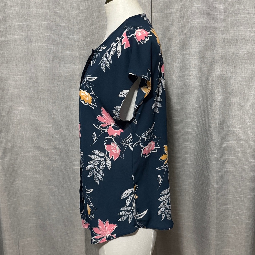 Apt 9 Short Sleeve ButtonUp Blouse-S-Poly-Floral Print-Teal/Pink/White/Orange - Picture 7 of 12